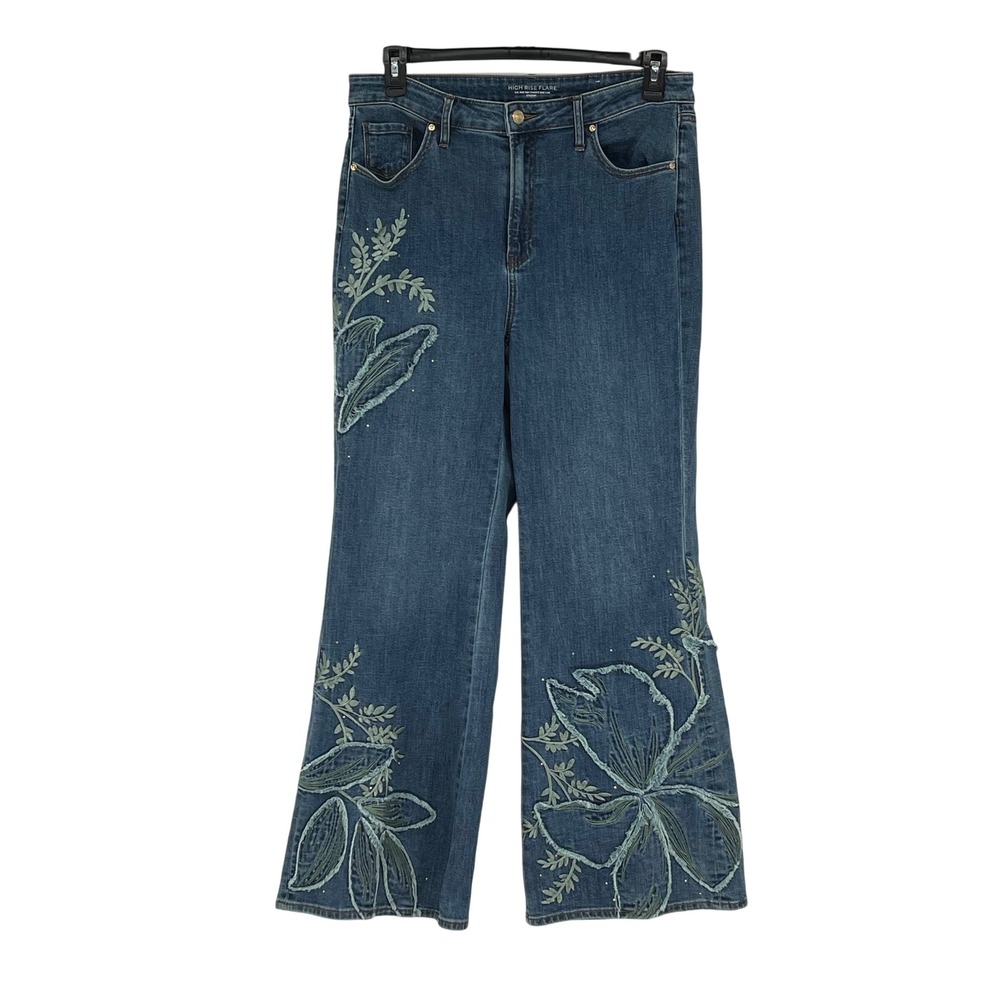 Chico's High Rise Flare Embroidered Floral Jeans Women's Size 14R Boho Festival